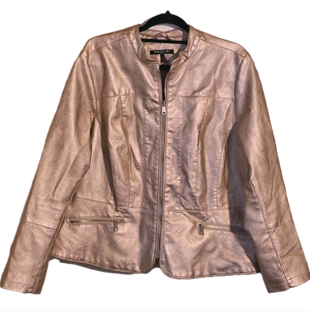 Baccini Faux Leather Metallic Rose Gold Zip Up Bomber Jacket Womens Size 1X EUC